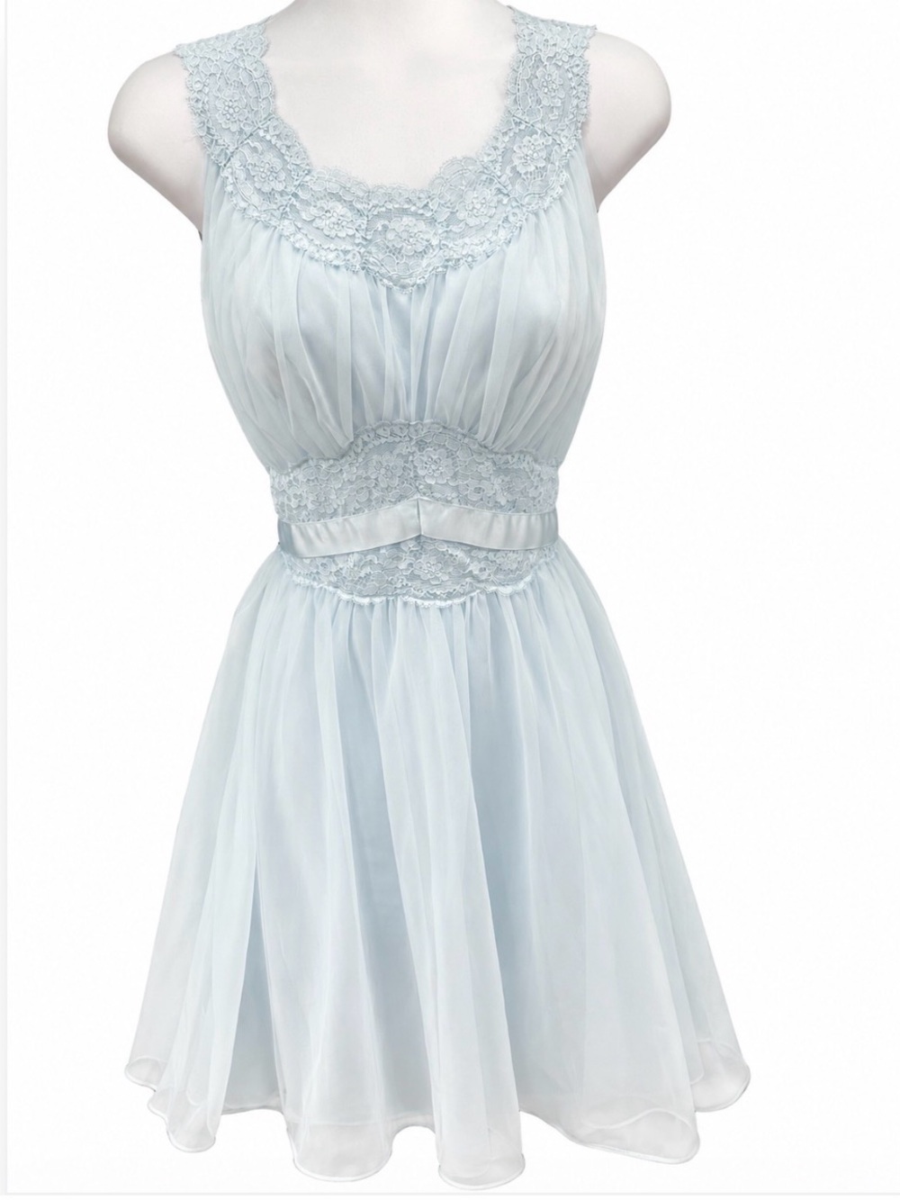 Vintage Lace-Trim Light Blue Chiffon Chemise